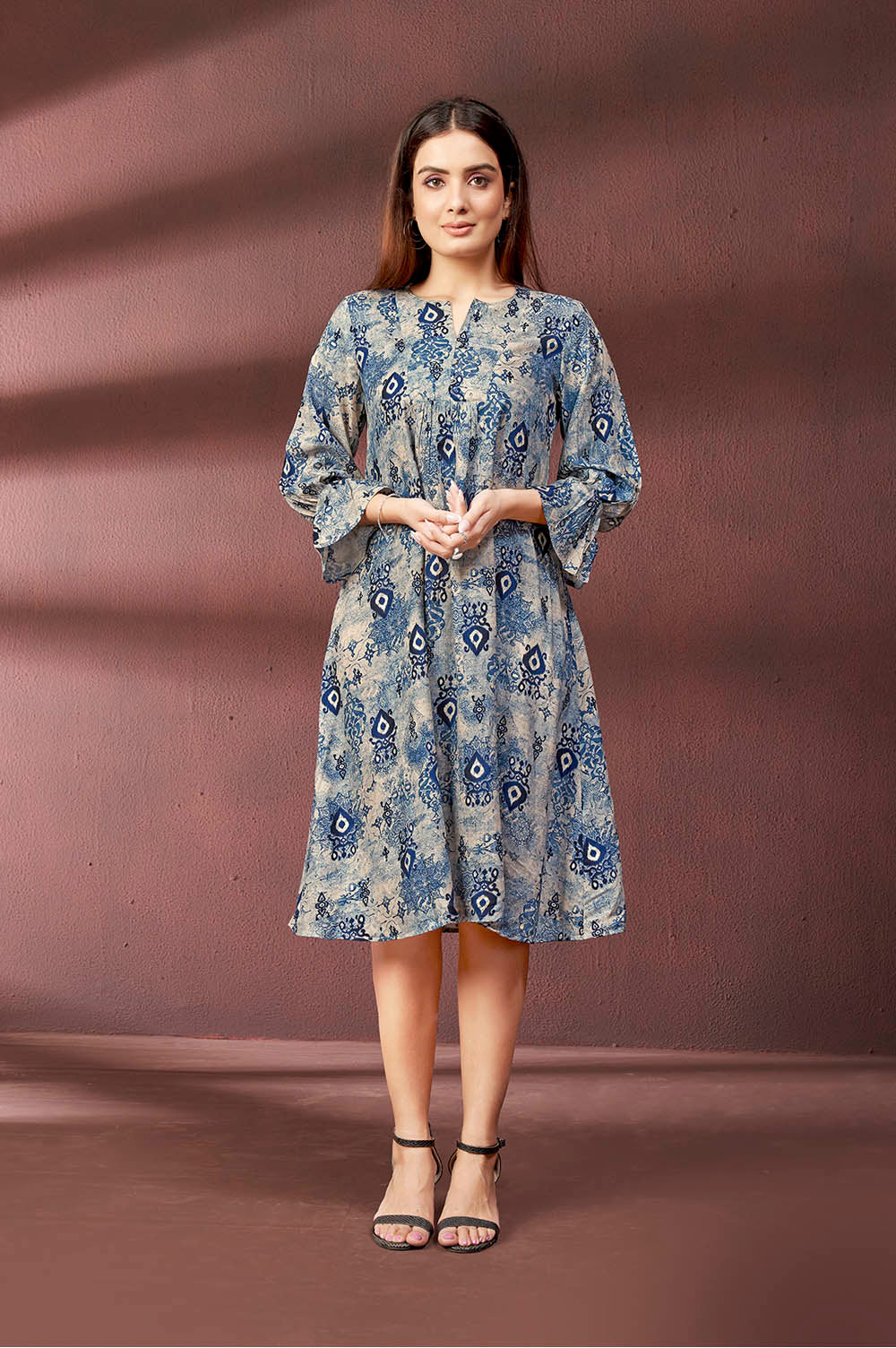 Blue Kurta-style Printed Dress
