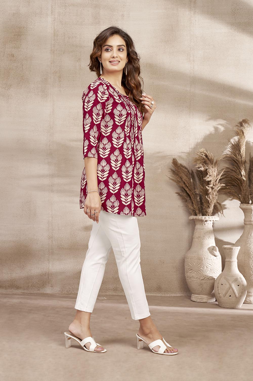 Maroon Leaf Printed Top