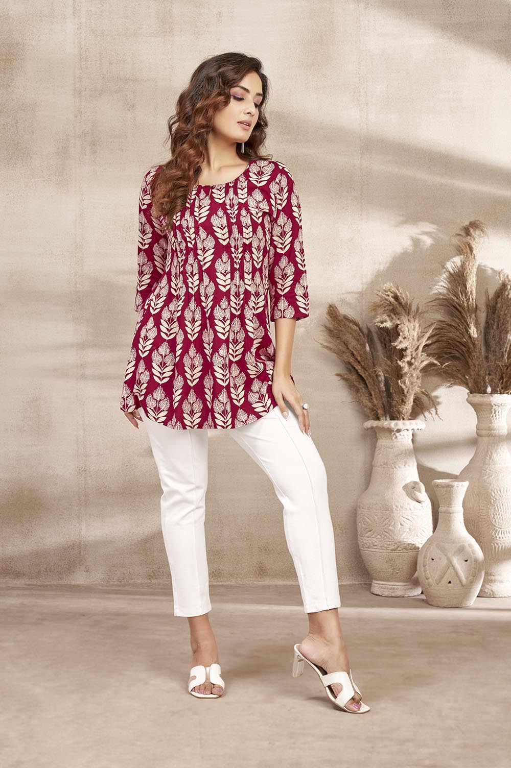 Maroon Leaf Printed Top
