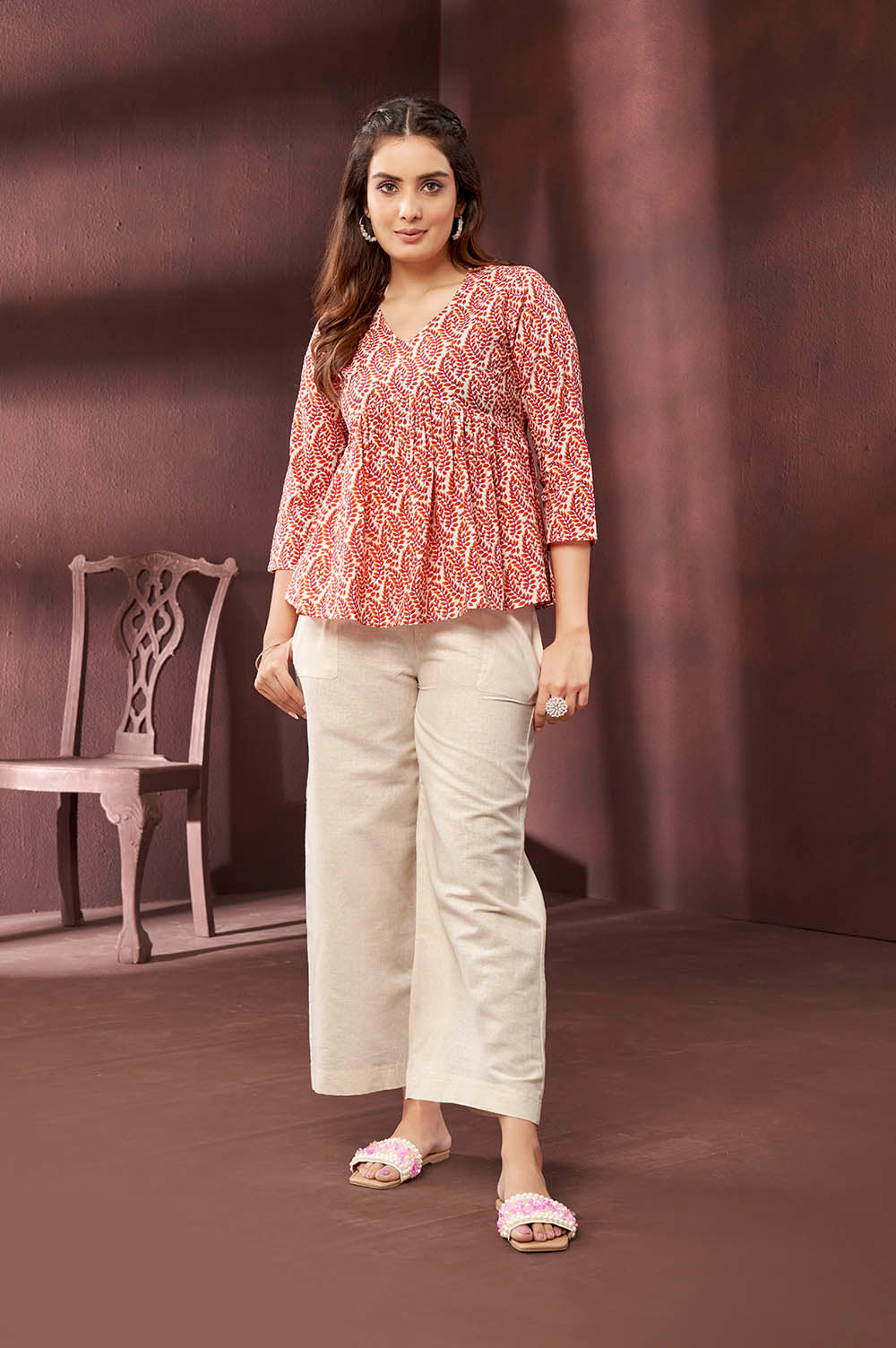 White and Red Floral Peplum Top