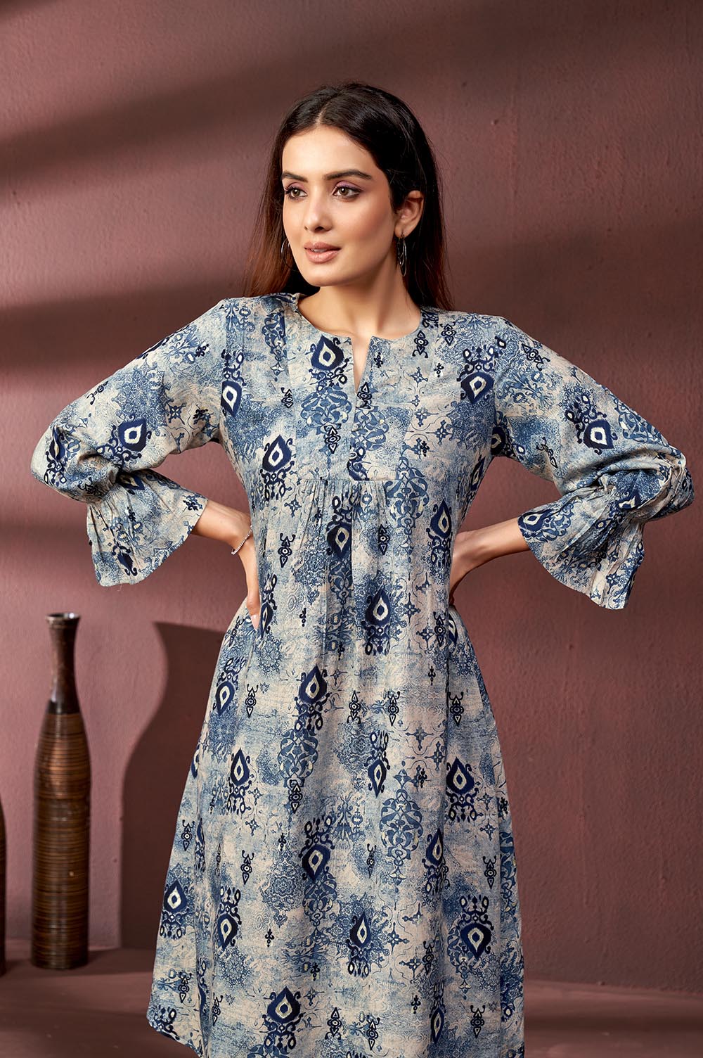 Blue Kurta-style Printed Dress