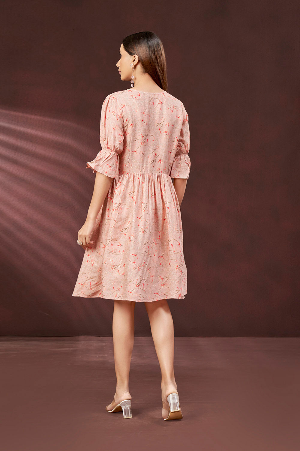 Muslin Pastel Peach V-Neck Short Dress