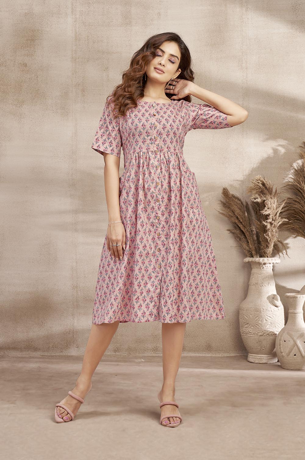 Button-down beige Cotton Dress