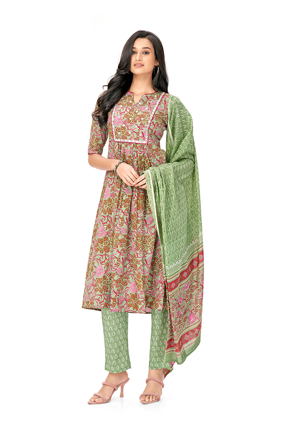Green Floral Print Cotton A-line Kurta Set With Dupatta