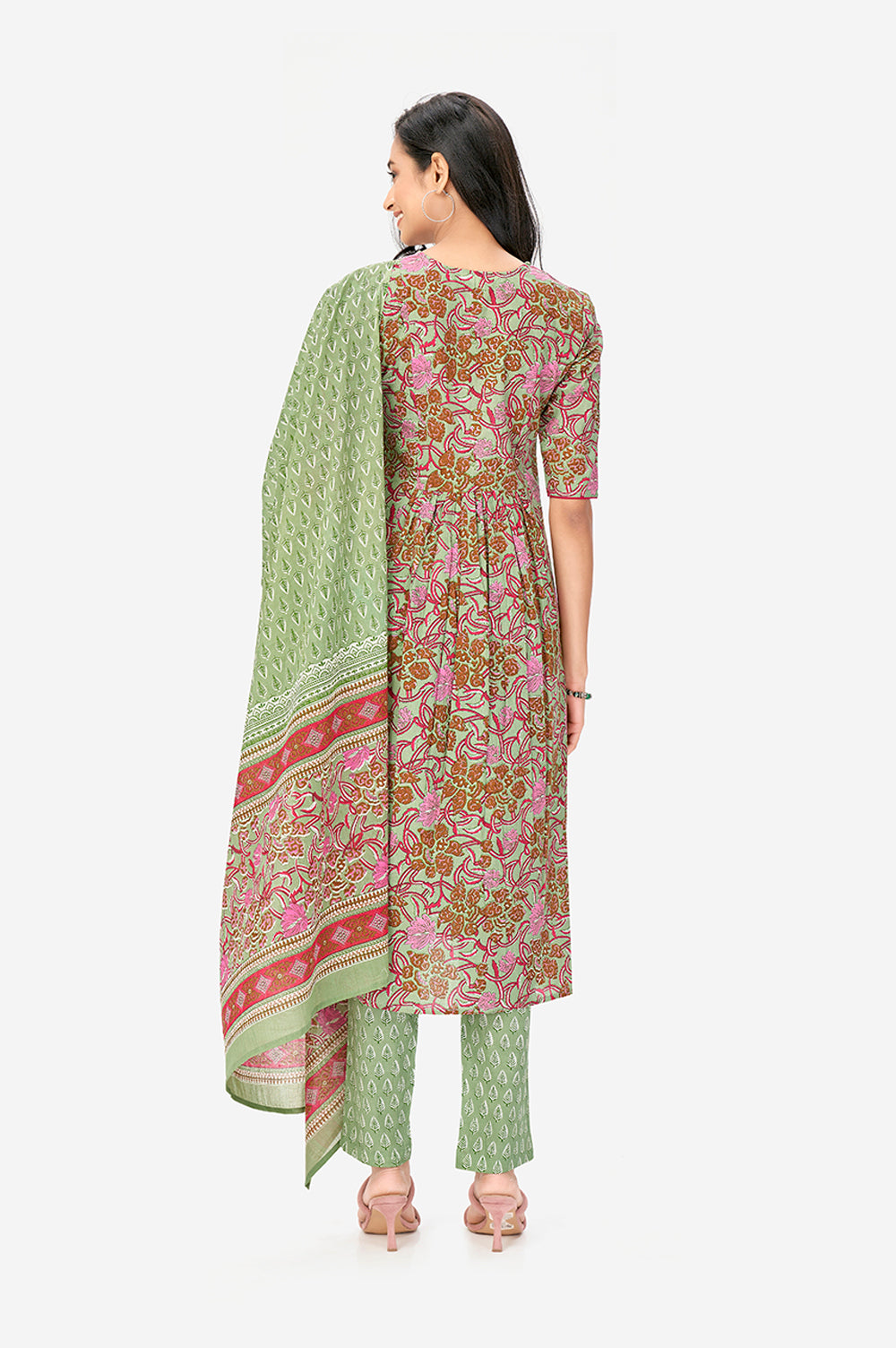 Green Floral Print Cotton A-line Kurta Set With Dupatta