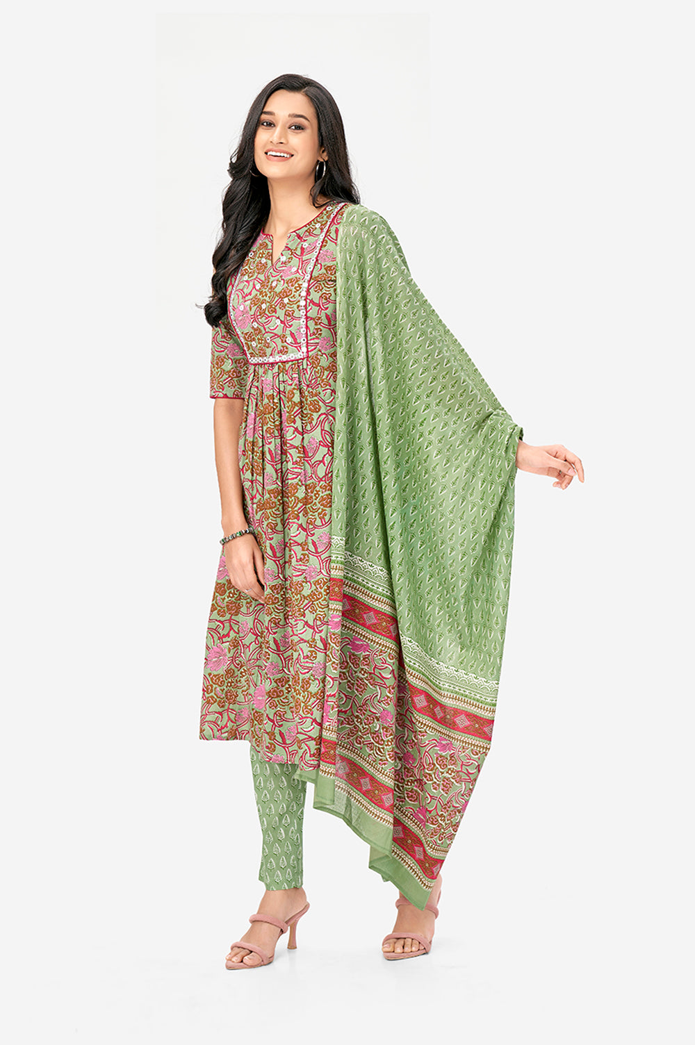 Green Floral Print Cotton A-line Kurta Set With Dupatta