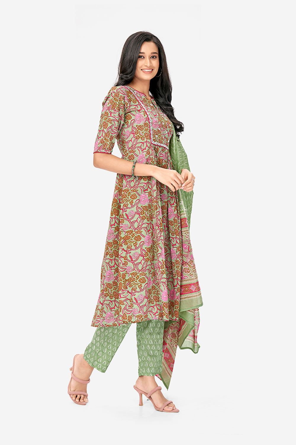 Green Floral Print Cotton A-line Kurta Set With Dupatta