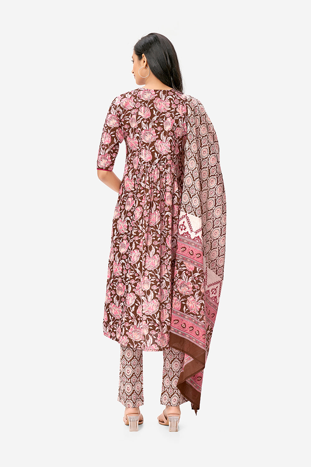 Maroon Floral Print A-line Kurta Set With Dupatta