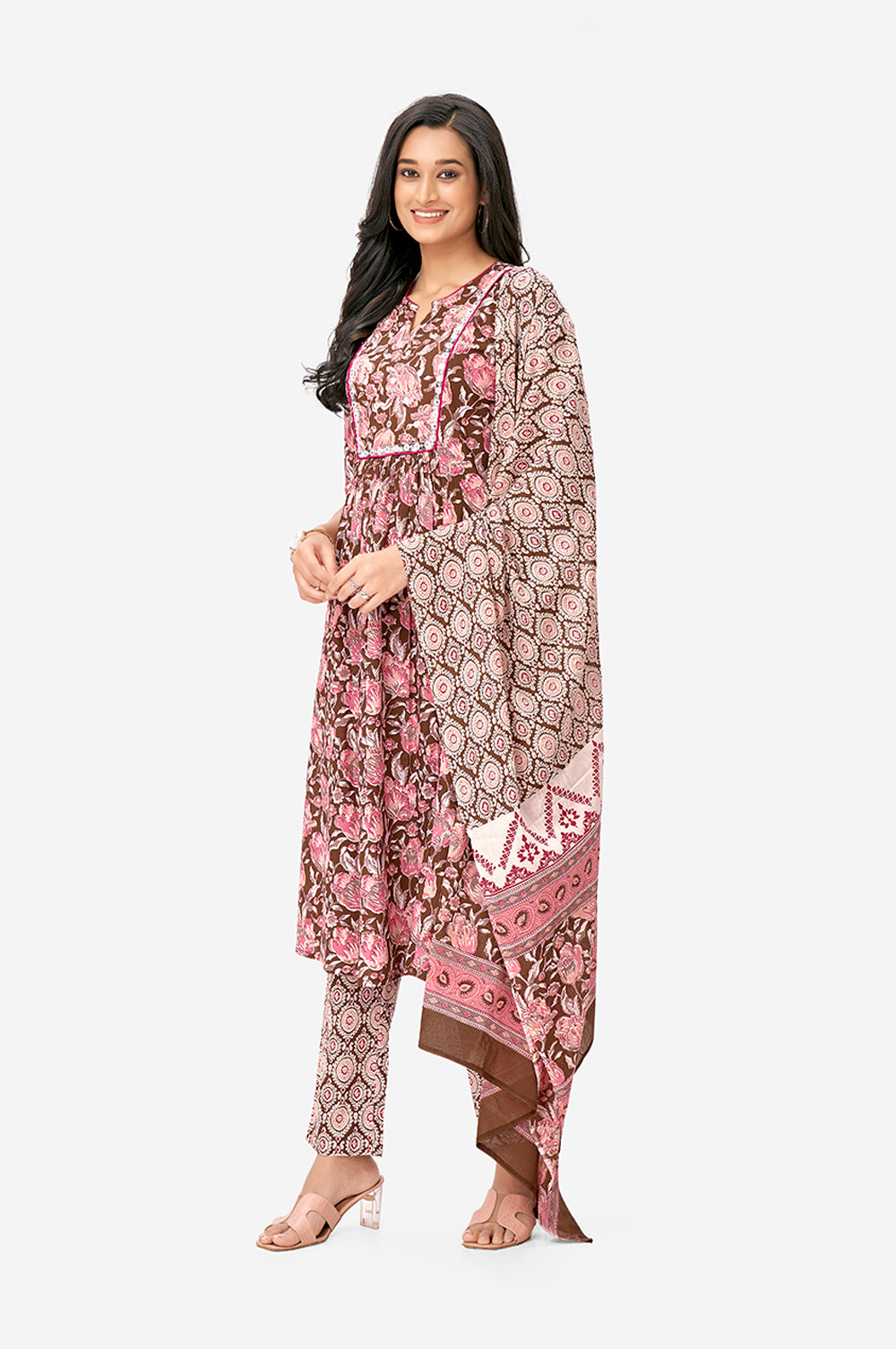 Maroon Floral Print A-line Kurta Set With Dupatta