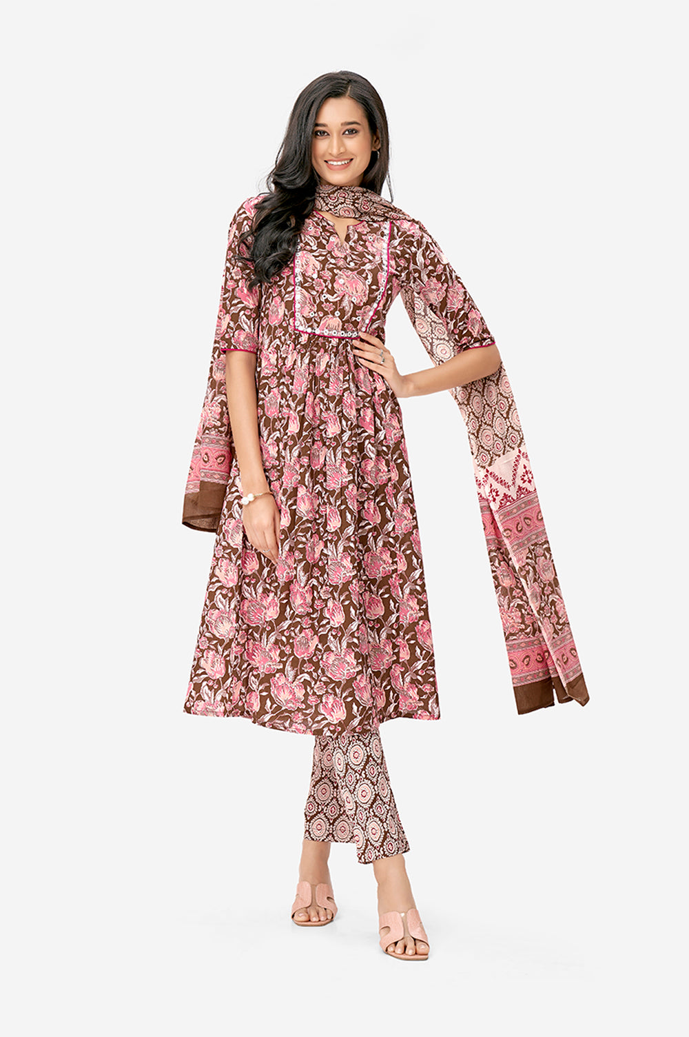 Maroon Floral Print A-line Kurta Set With Dupatta
