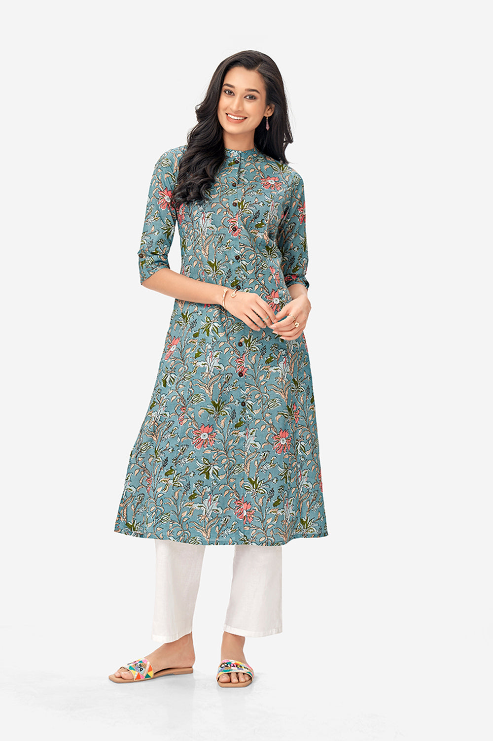 Iceberg Blue Floral Cotton Shirt Kurta