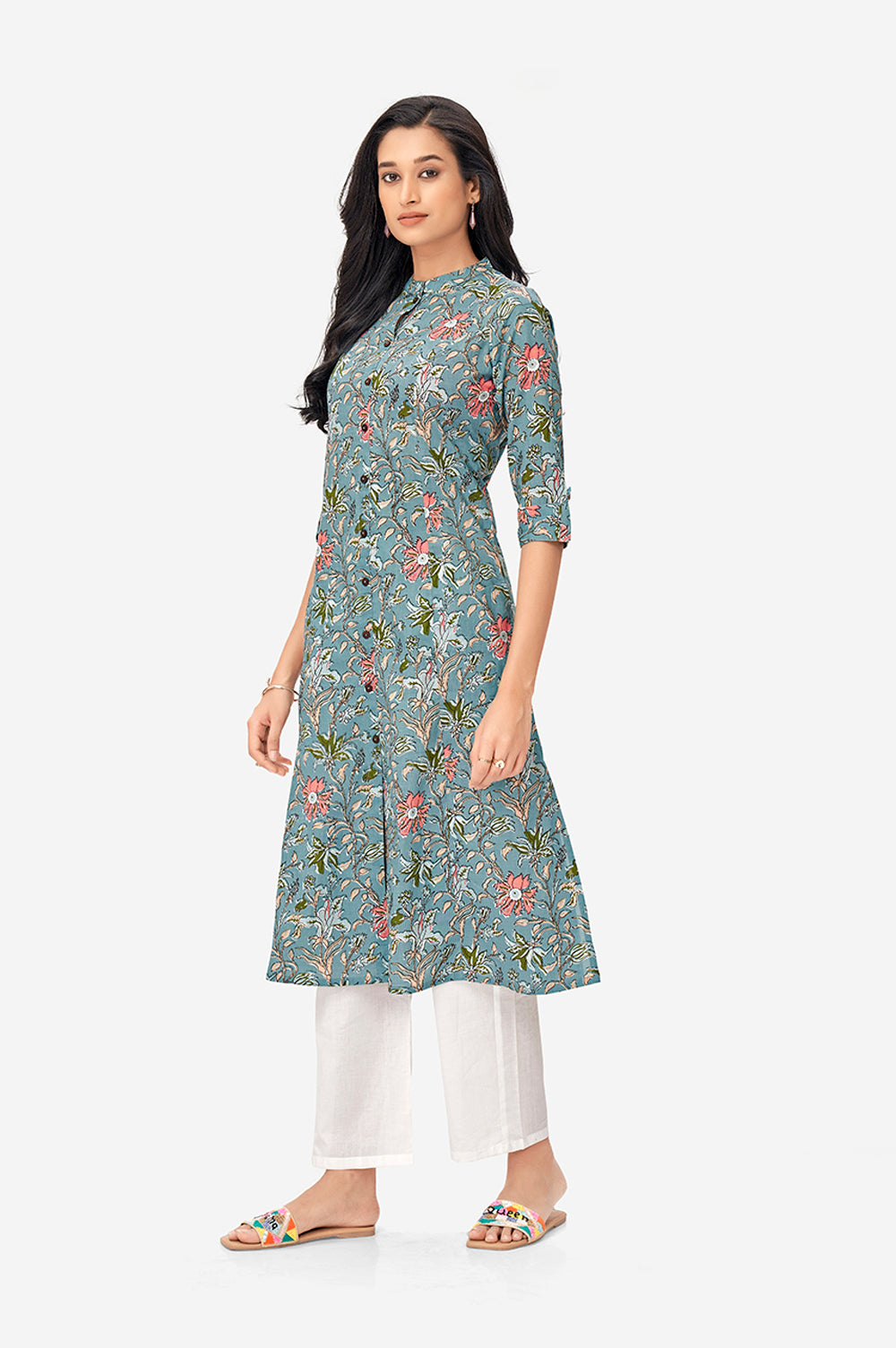 Iceberg Blue Floral Cotton Shirt Kurta