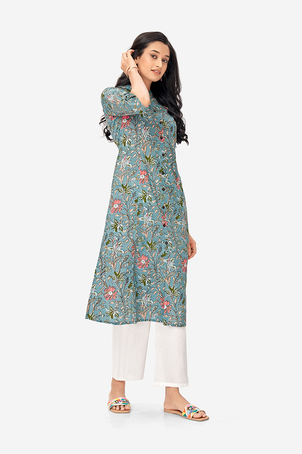Iceberg Blue Floral Cotton Shirt Kurta