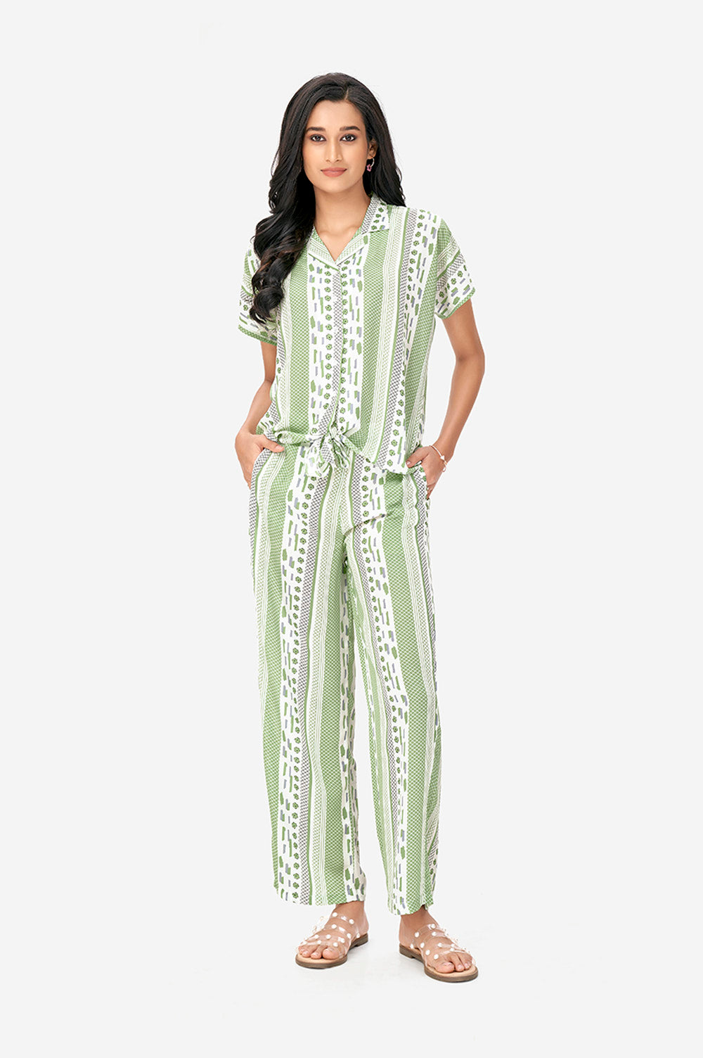 Green and White Aztec Print Polyster Co-Ord Set