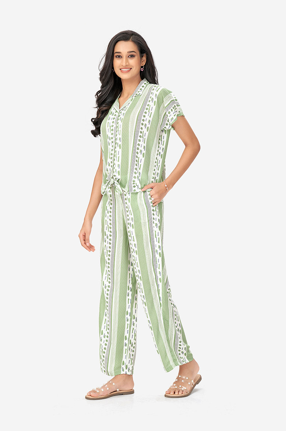 Green and White Aztec Print Polyster Co-Ord Set