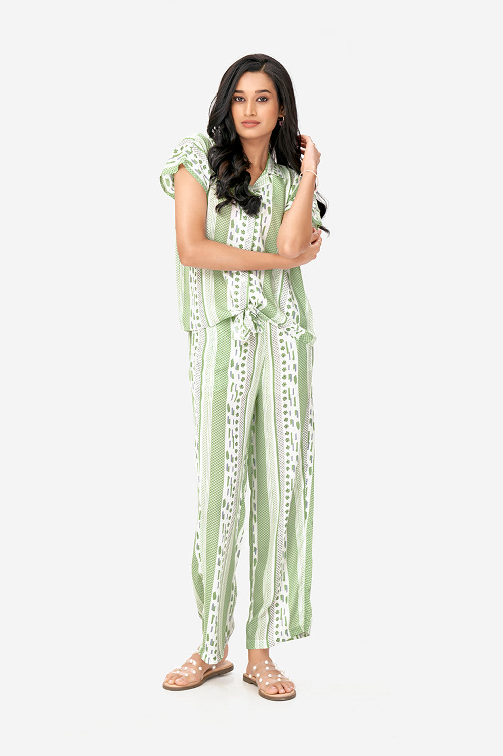 Green and White Aztec Print Polyster Co-Ord Set