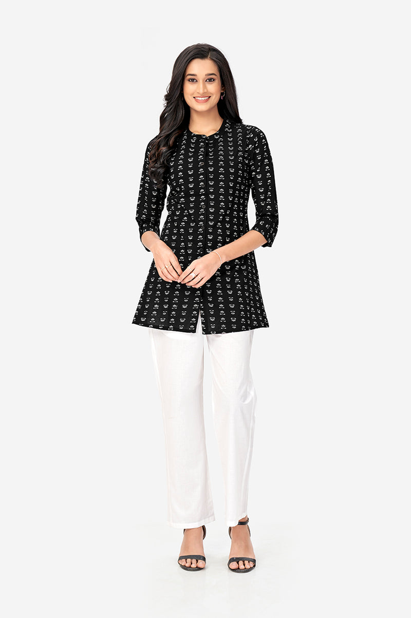 Charcoal Black Floral Regular Fit Kurta Top
