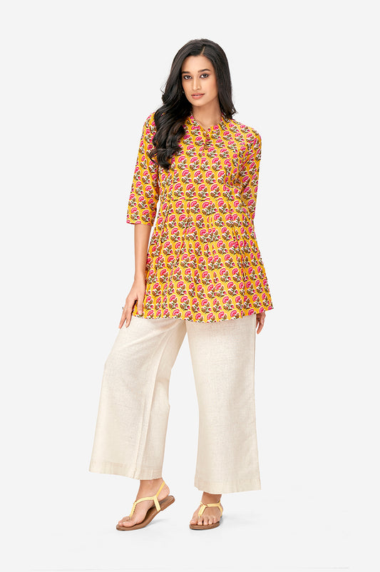 Mustard Yellow Cotton Printed Floral Flared Top