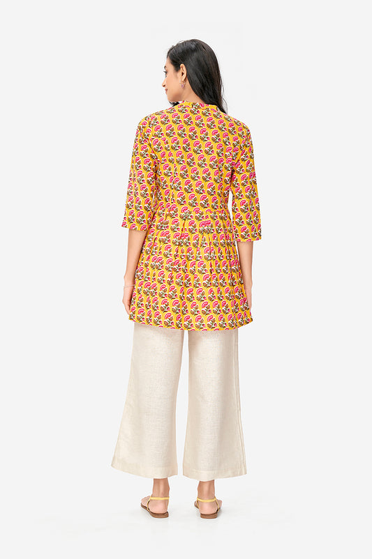 Mustard Yellow Cotton Printed Floral Flared Top