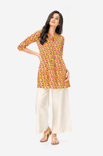 Mustard Yellow Cotton Printed Floral Flared Top