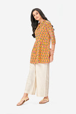Mustard Yellow Cotton Printed Floral Flared Top