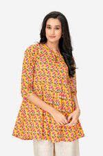 Mustard Yellow Cotton Printed Floral Flared Top