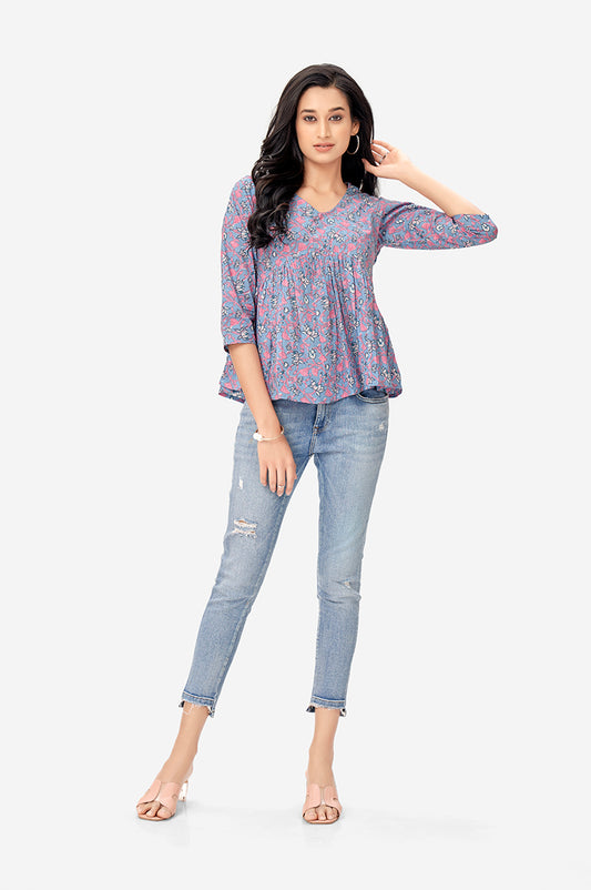 Lapis Lazuli Lotus Print Cotton Tunic