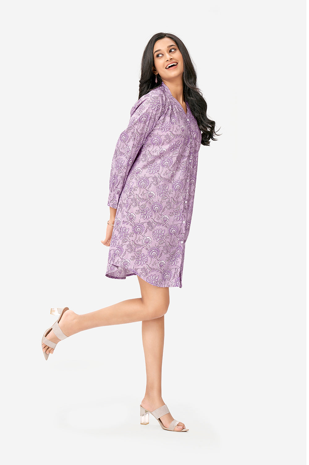 Mauve Purple Ethnic Floral Print Cotton Long Tunic