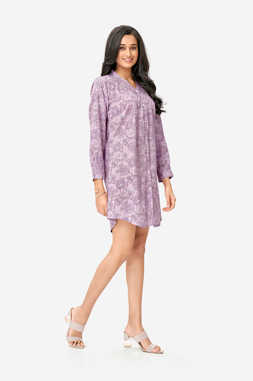 Mauve Purple Ethnic Floral Print Cotton Long Tunic