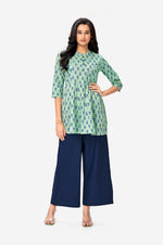 Sea Green Cotton Printed Short Floral Flared Top