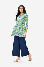 Sea Green Cotton Printed Short Floral Flared Top