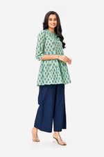 Sea Green Cotton Printed Short Floral Flared Top