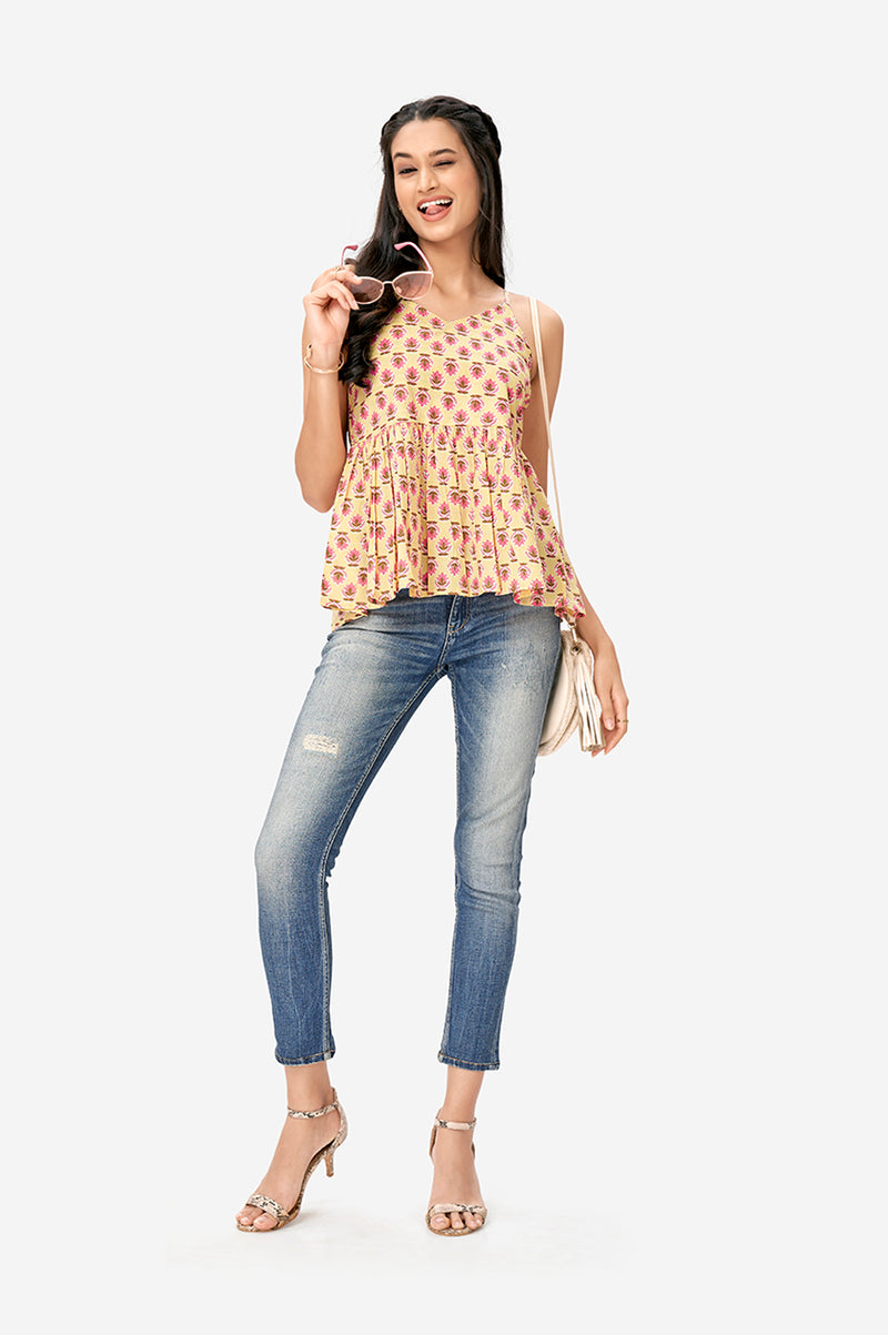 Lime Yellow Lotus Print Peplum Top