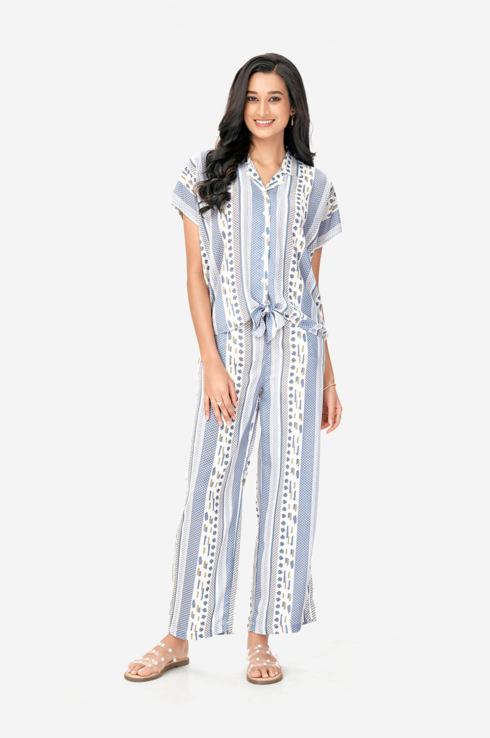 Blue and White Aztec Print Polyster Co-Ord Set