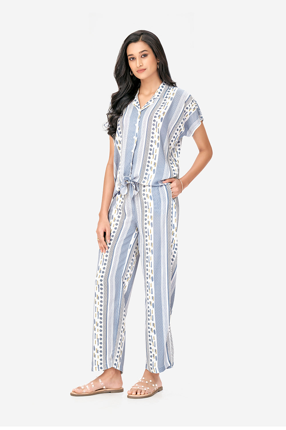 Blue and White Aztec Print Polyster Co-Ord Set