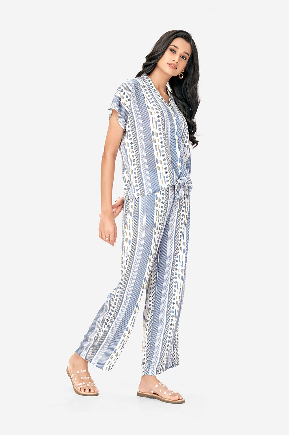 Blue and White Aztec Print Polyster Co-Ord Set