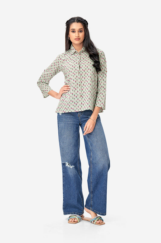 Small Tulip Printed Pastel Green Cotton Top