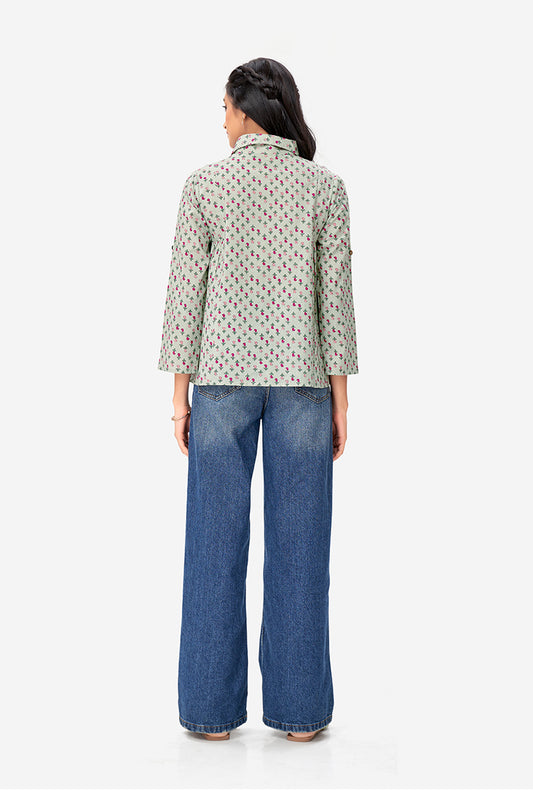 Small Tulip Printed Pastel Green Cotton Top