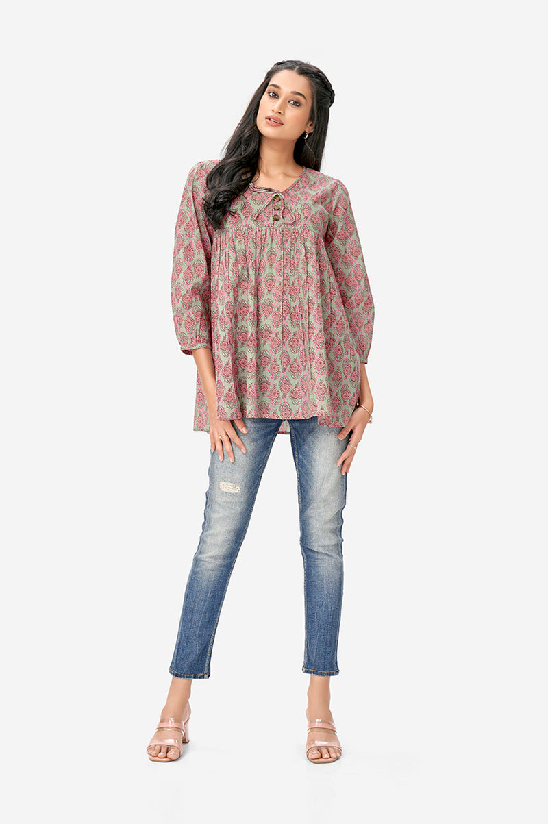 Light Green Floral Printed Cotton Top