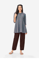 Steel Blue Long Tunic With Red Floral Print