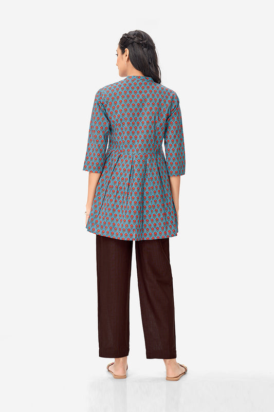 Steel Blue Long Tunic With Red Floral Print