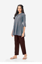 Steel Blue Long Tunic With Red Floral Print