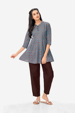 Steel Blue Long Tunic With Red Floral Print