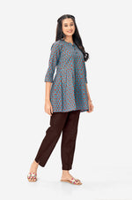 Steel Blue Long Tunic With Red Floral Print
