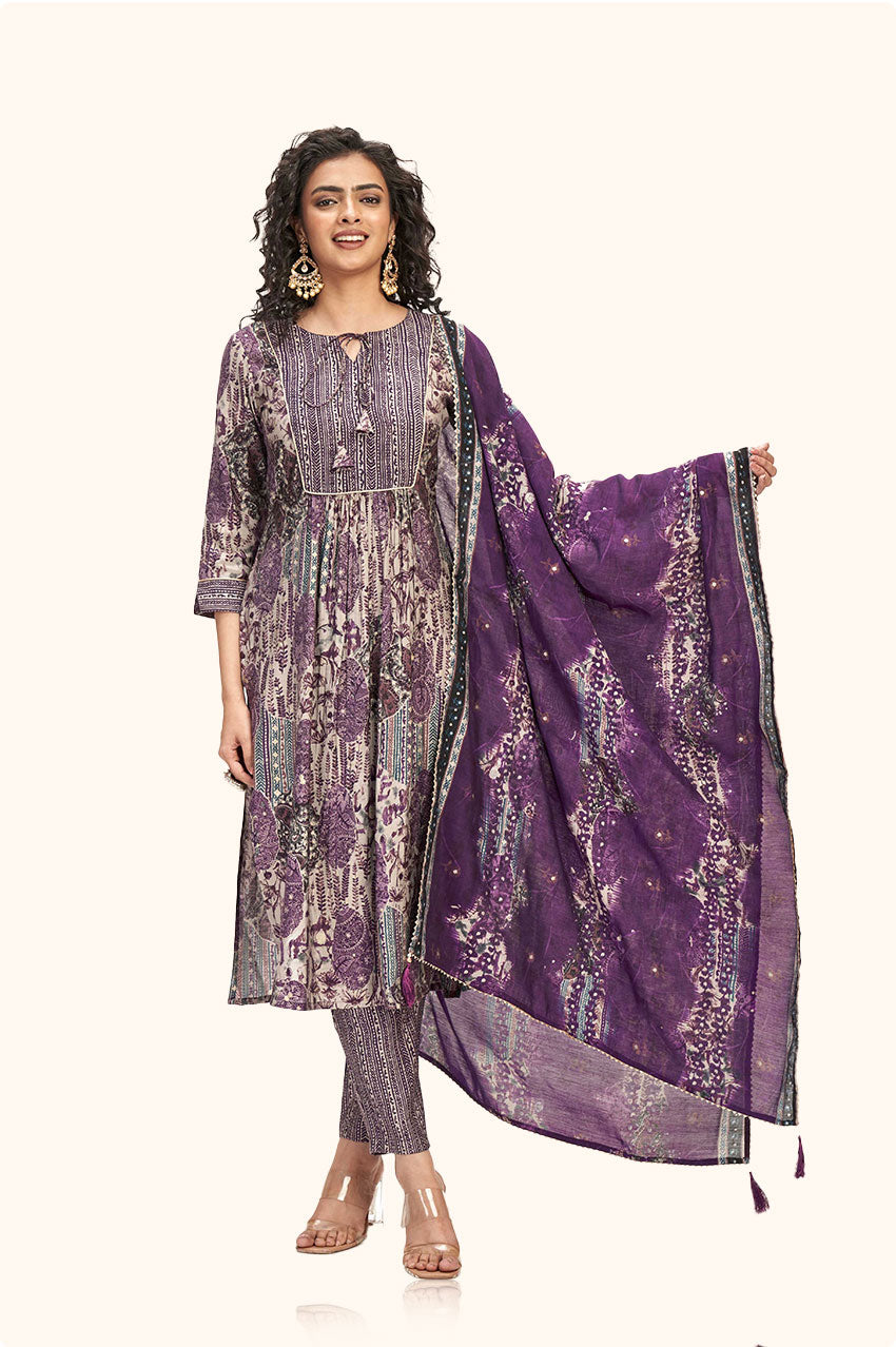 Wine Floral Print Straight Kurta Set with Dupatta