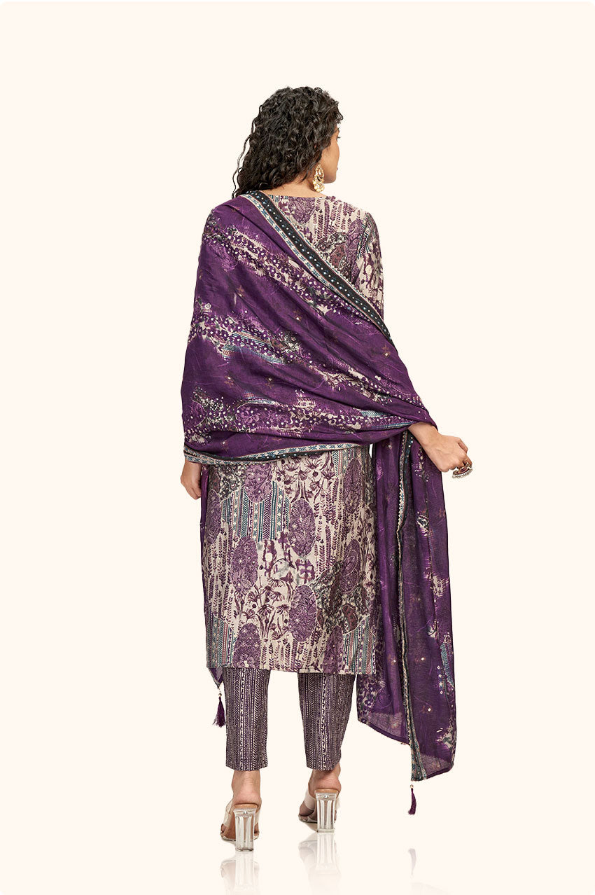 Wine Floral Print Straight Kurta Set with Dupatta