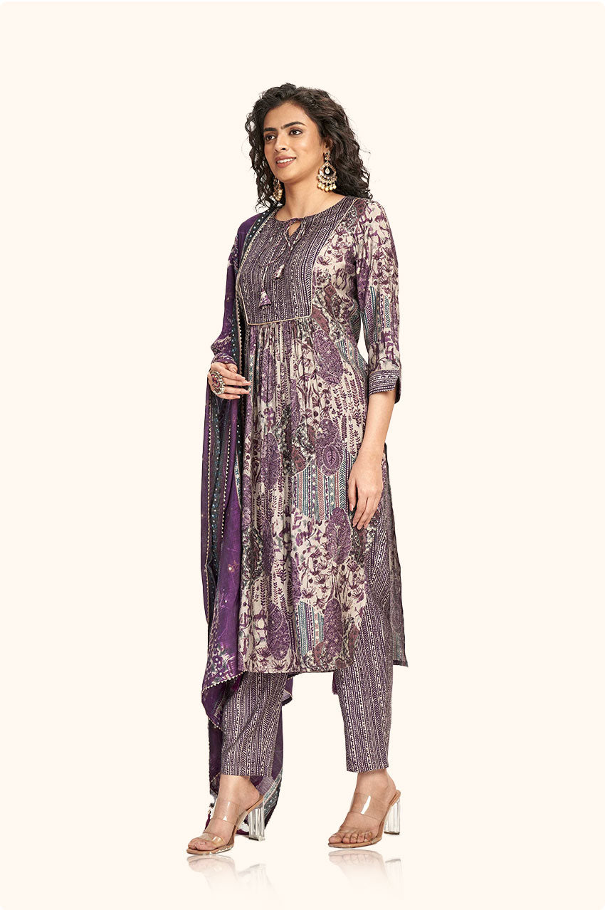 Wine Floral Print Straight Kurta Set with Dupatta