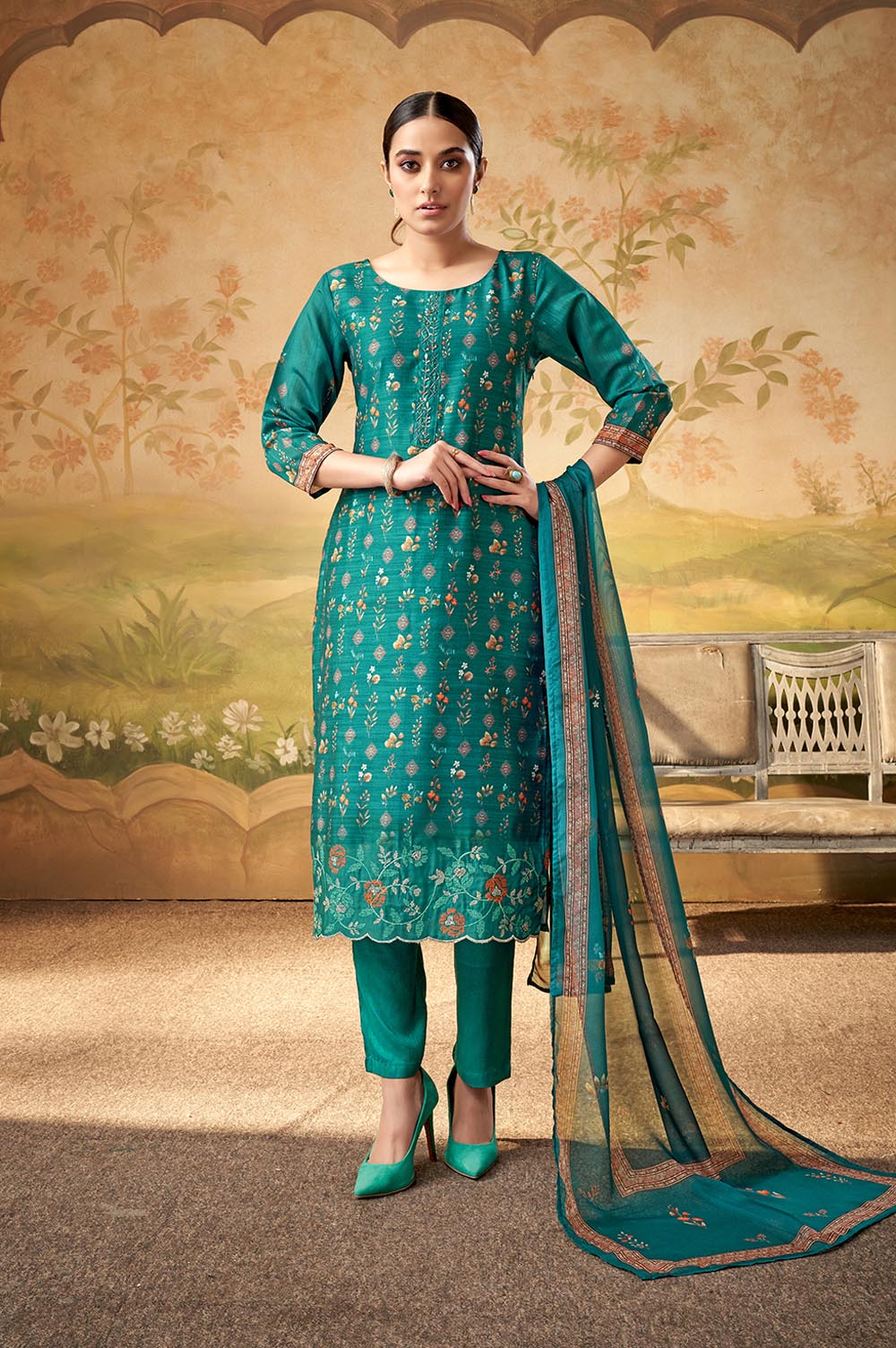 Blue Floral Embroidered Kurta Set and Dupatta