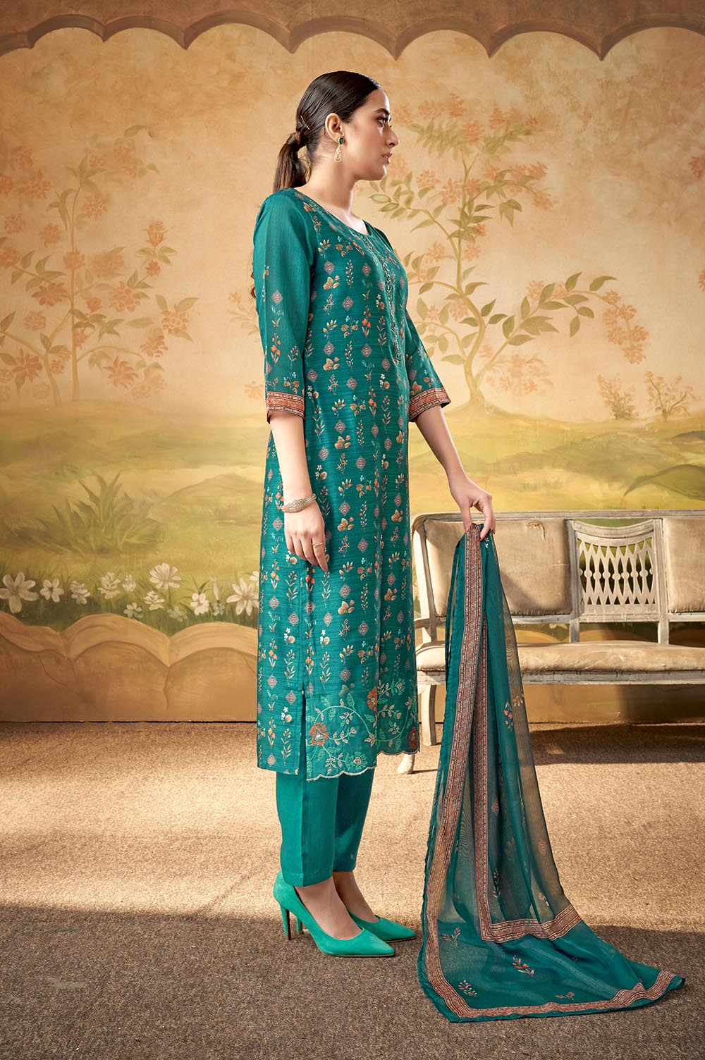 Blue Floral Embroidered Kurta Set and Dupatta