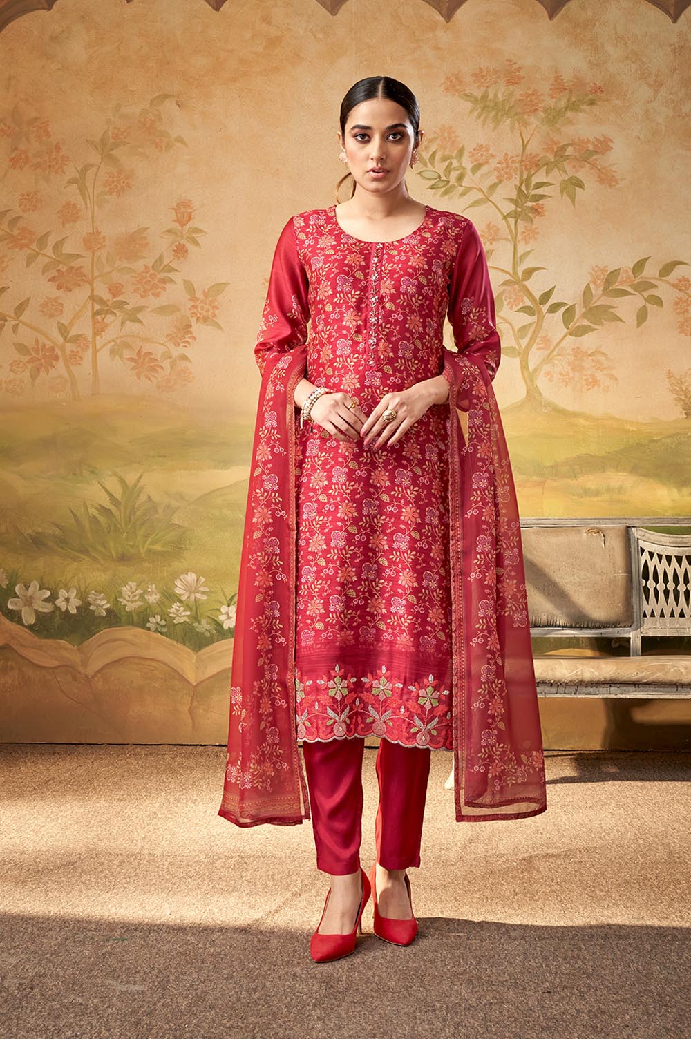 Maroon Floral Embroidered Kurta Set and Dupatta